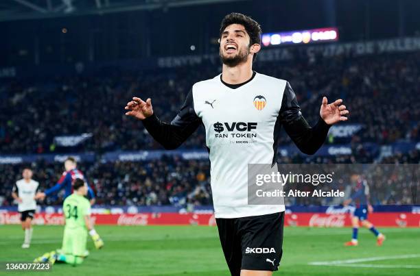 Goncalo Guedes of Valencia CF celebrates after scoring his team's fourth goal during the LaLiga Santander match between Levante UD and Valencia CF at...