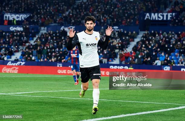 Goncalo Guedes of Valencia CF celebrates after scoring his team's fourth goal during the LaLiga Santander match between Levante UD and Valencia CF at...