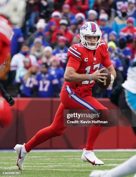Josh Allen of the Buffalo Bills during the game against the Carolina Panthers at Highmark Stadium on December 19, 2021 in Orchard Park, New York.