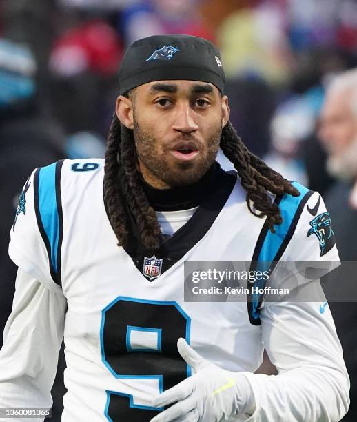 Stephon Gilmore of the Carolina Panthers after the game against the Buffalo Bills at Highmark Stadium on December 19, 2021 in Orchard Park, New York.