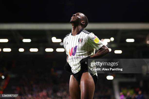 Neeskens Kebano of Fulham reacts during the Sky Bet Championship match between Fulham and Sheffield United at Craven Cottage on December 20, 2021 in...