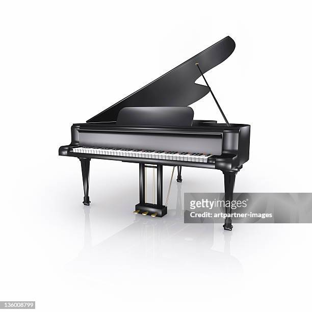 shiny black grand piano on white - piano stock pictures, royalty-free photos & images