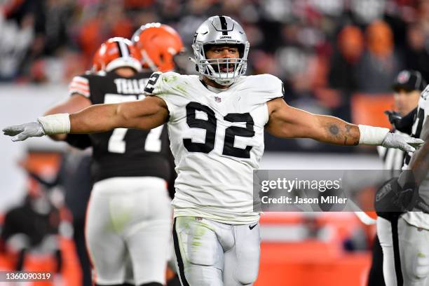 Solomon Thomas of the Las Vegas Raiders reacts after a missed field goal by the Cleveland Browns in the first half of the game at FirstEnergy Stadium...