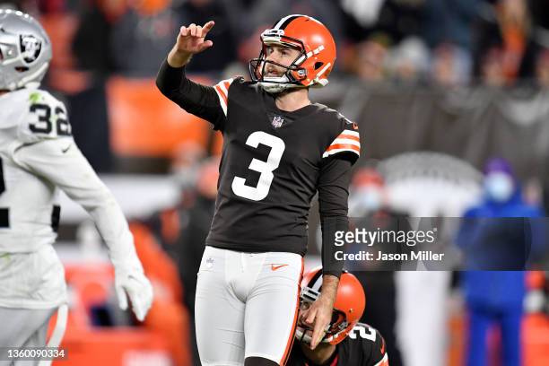 Chase McLaughlin of the Cleveland Browns watches his missed field goal during the first half against the Las Vegas Raiders at FirstEnergy Stadium on...