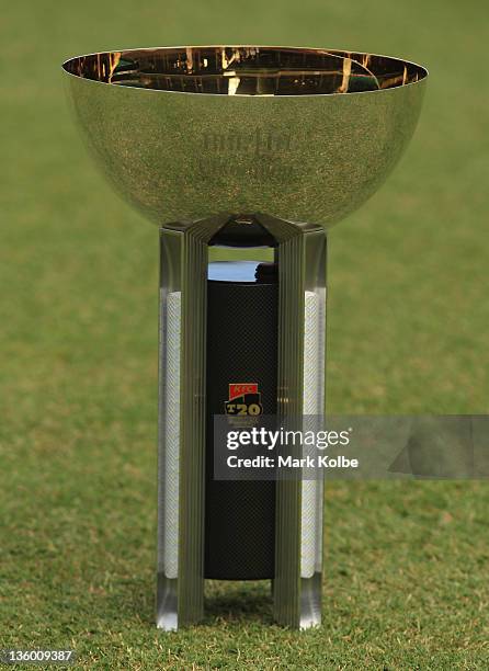 The trophy is seen before play in the T20 Big Bash League match between the Sydney Sixers and the Brisbane Heat at Sydney Cricket Ground on December...