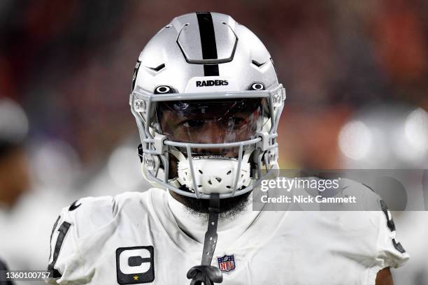 Yannick Ngakoue of the Las Vegas Raiders looks on during the third quarter of the game against the Cleveland Browns at FirstEnergy Stadium on...