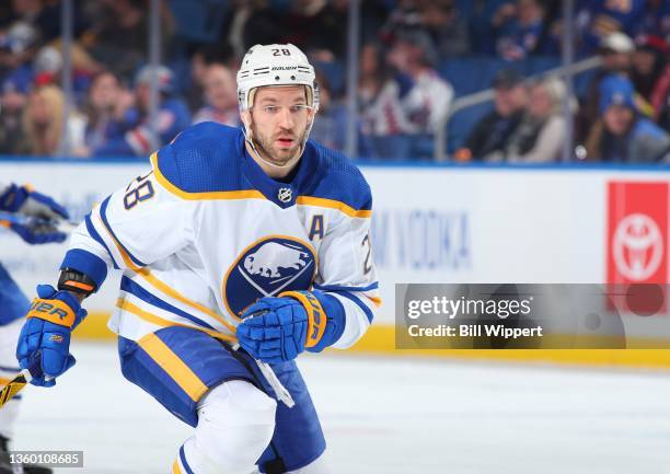 Zemgus Girgensons of the Buffalo Sabres skates against the New York Rangers during an NHL game on December 10, 2021 at KeyBank Center in Buffalo, New...