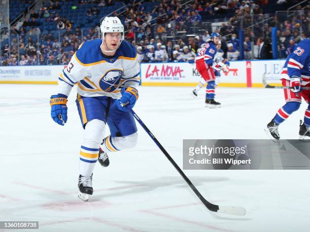 Mark Pysyk of the Buffalo Sabres skates against the New York Rangers during an NHL game on December 10, 2021 at KeyBank Center in Buffalo, New York.