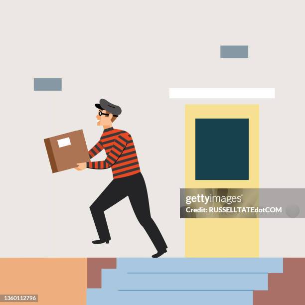 thief stealing package from a porch - breaking out of the box stock illustrations