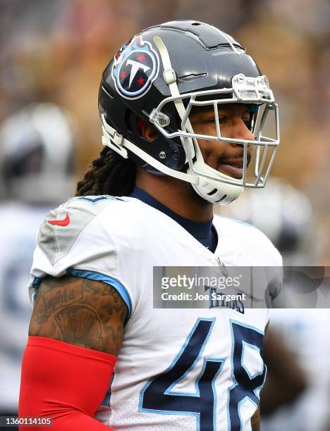 Bud Dupree of the Tennessee Titans in action during the game against the Pittsburgh Steelers at Heinz Field on December 19, 2021 in Pittsburgh,...