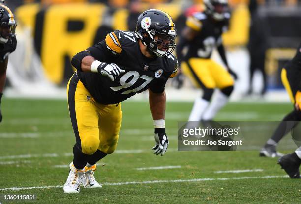 Cameron Heyward of the Pittsburgh Steelers in action during the game against the Tennessee Titans at Heinz Field on December 19, 2021 in Pittsburgh,...