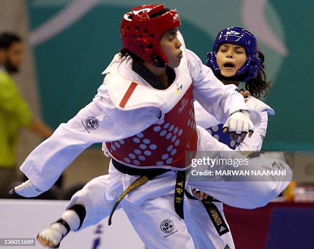 Khaoula ben Hamza of Tunisia faces Salima Boulagtab of Morocco during their women's under 73kgs Taekwondo bout at the 2011 Arab Games in the Qatari...