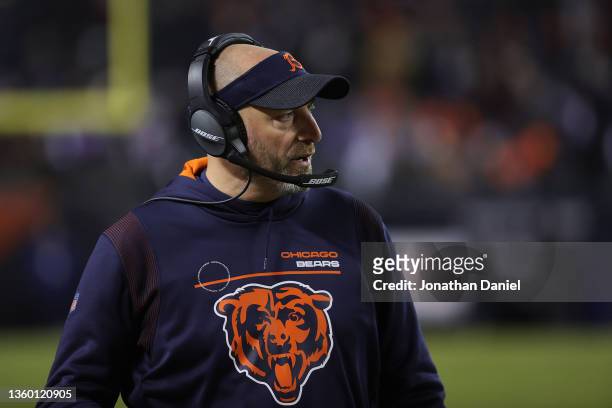 Head coach Matt Nagy of the Chicago Bears looks on during the fourth quarter against the Minnesota Vikings at Soldier Field on December 20, 2021 in...
