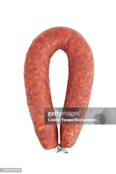 sausage isolated on white background - chorizo stockfoto's en -beelden