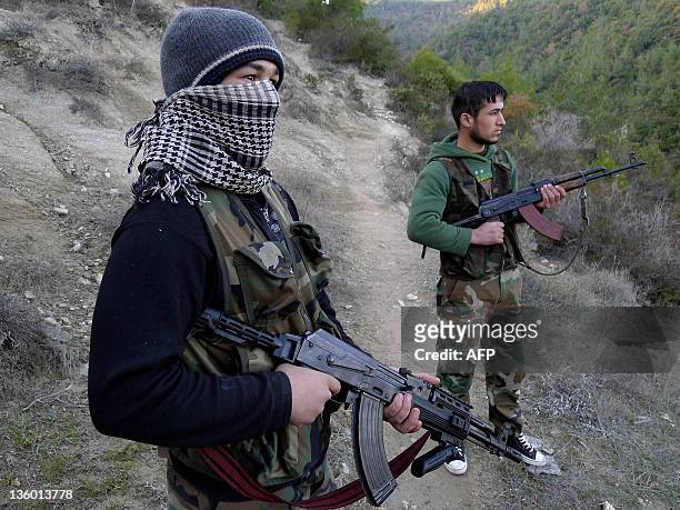 Members of the Free Syrian Army stand in the valley near the village of Ain al-Baida, in the Idlib province of Syria, not far from the Turkish...