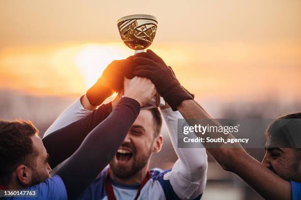 football team won a trophy - trofeo stockfoto's en -beelden