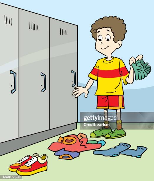 junge in der umkleidekabine - sports hall stock-grafiken, -clipart, -cartoons und -symbole