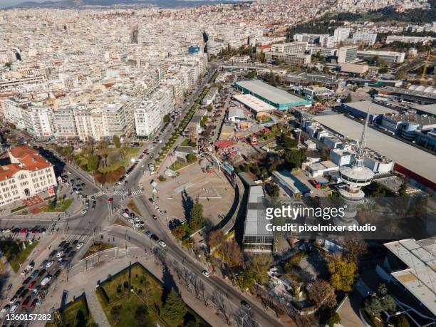 drone view of ymca area in thessaloniki, greece - thessaloniki stock pictures, royalty-free photos & images