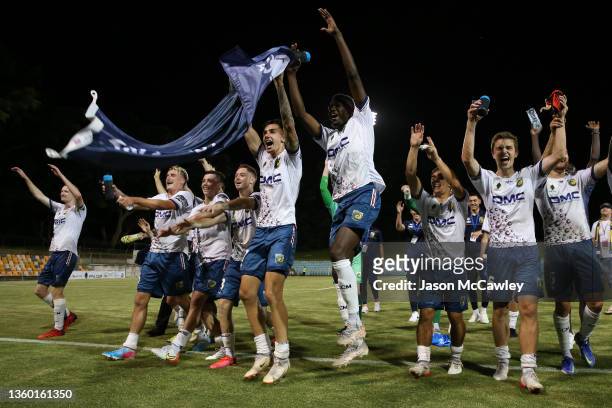 Mariners players celebrate victory during the FFA Cup round of 16 match between APIA Leichhardt FC and the Central Coast Mariners at Leichhardt Oval...