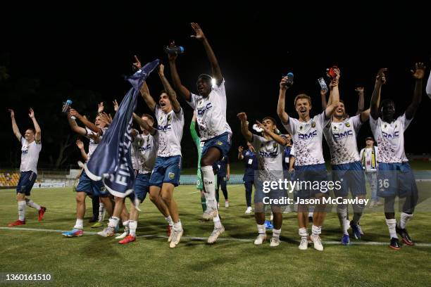 Mariners players celebrate victory during the FFA Cup round of 16 match between APIA Leichhardt FC and the Central Coast Mariners at Leichhardt Oval...