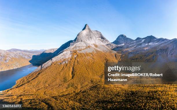 stetind, autumn landscape, norwegian national mountain, aerial view, tysfjord, ofoten, nordland, norway - stetind stock pictures, royalty-free photos & images