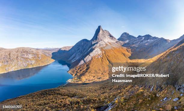 stetind, autumn landscape, norwegian national mountain, aerial view, tysfjord, ofoten, nordland, norway - stetind stock pictures, royalty-free photos & images
