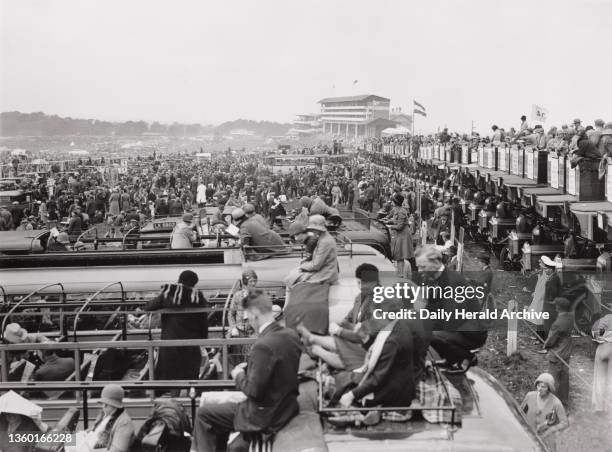 Viewing the Epsom Derby from open topped charabancs and buses, Surrey, 3 June 1931. Photograph by Harold Tomlin.