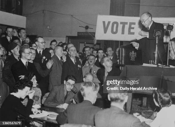 Lord Beaverbrook speaking in support of the Tory Party Candidate in Streatham; 1945.