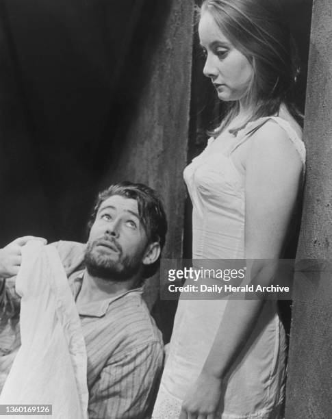 Peter O'Toole and Emma Jones in Baal, Bertold Brecht's production at the Pheonix Theatre, 1963.
