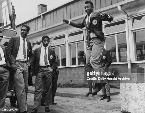Pele jumps in the air, Brazilian Team Santos after arriving at Ringway Airport, London 1962