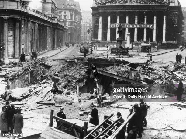 Bomb damage outside the Bank of England, London, 7 January 1942. ‘Picture just released by censor of the damage caused outside the Bank of England,...