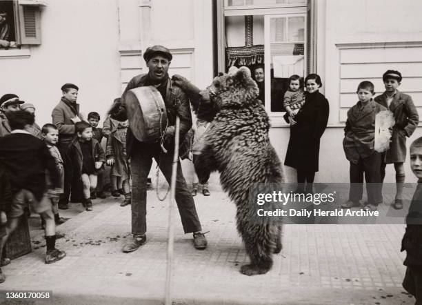 Dancing bear and its keeper on a Salonika street, Greece, 1940. ‘Salonika street scene which never fails to attract the youngsters who throng the...