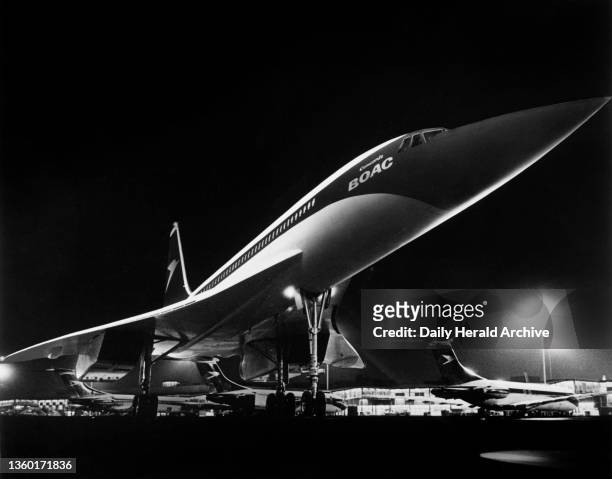 Concorde, London Heathrow Airport, 1968. 'A Concorde supersonic airliner leaves the terminal area to taxi out to the runway for take-off. This...