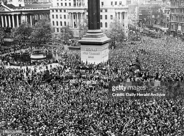 Day Celebrations, London, 8 May 1945. 'A general view of the tremendous scene in Trafalgar Square'.