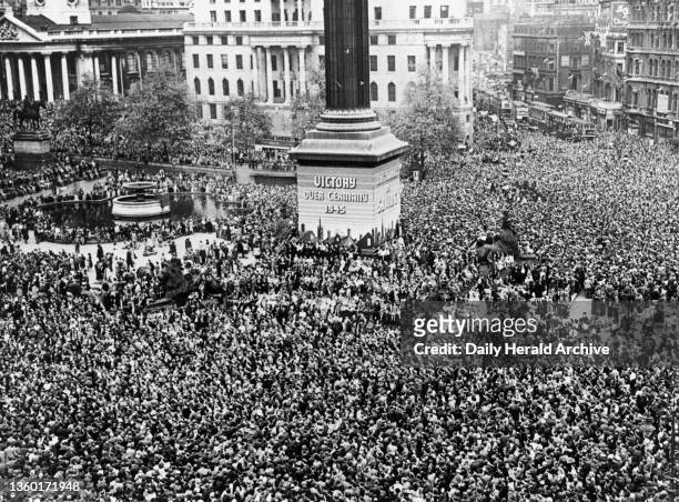 Day Celebrations, London, 8 May 1945. 'A general view of the tremendous scene in Trafalgar Square'.