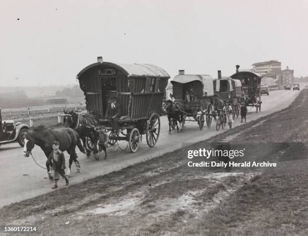 Convoy of gypsy caravans, 1933. A photograph of a convoy of gypsy caravans taken in May 1933.