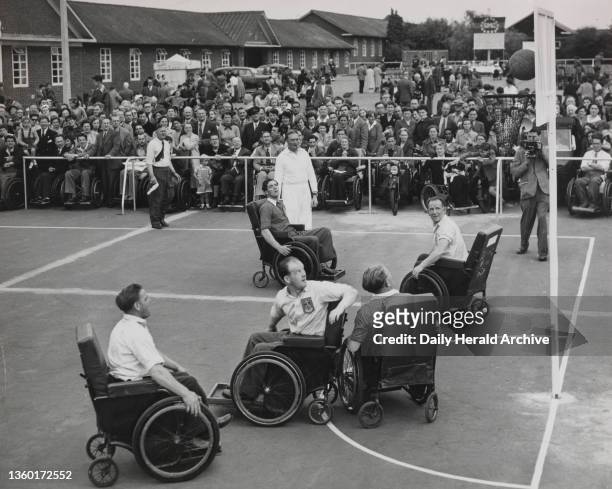 Wheelchair basketball match at the Stoke Mandeville Games, 1954. A photograph of a wheelchair basketball match, part of the Stoke Mandeville Games in...
