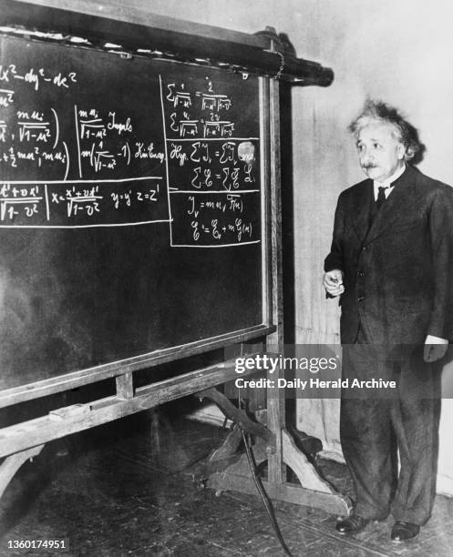 Albert Einstein lecturing to the American Association for the Advancement of Science at Pittsburgh. Einstein was discussing his latest theory - that...