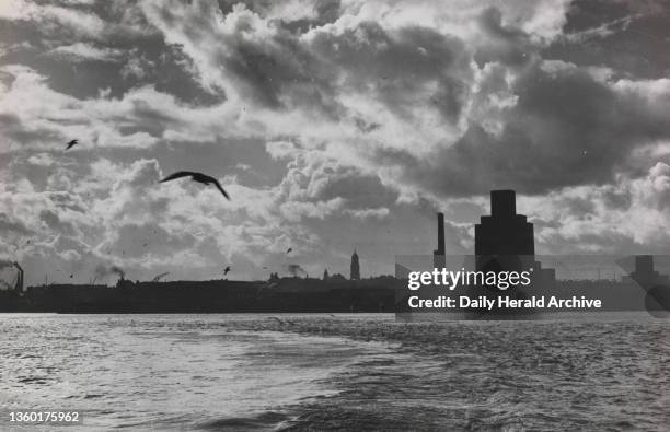 Liverpool Feature, 1951. Birkenhead Waterfront as seen from the ferry boat on the river. Photograph by White.