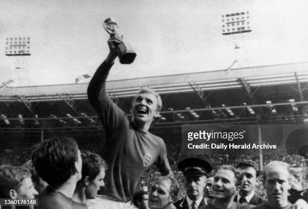 Bobby Moore holding the World Cup after England’s victory over West Germany.