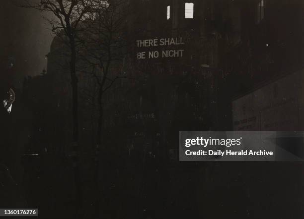 The Aldwych Theatre tells the story 'There shall be no night'. Calcraft 16th February 1944. Freak weather causes afternoon blackout in London.