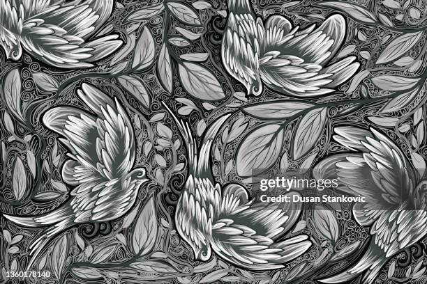 black and white seamless pattern with birds - spring mix stock illustrations