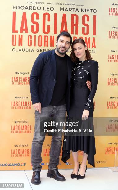 Edoardo Leo and Marta Nieto attend the photocall of the movie "Lasciarsi Un Giorno A Roma" at Le Meridien Visconti Hotel on December 21, 2021 in...