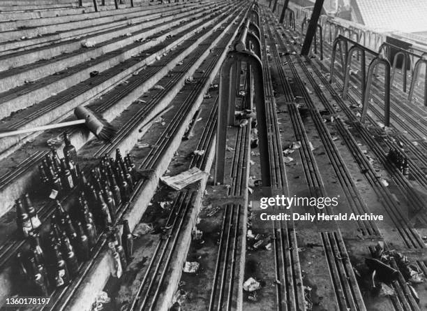 Beer bottles left on terraces, Anfield,. Don Revie, English footballer and football manager, April 1965. Don Revie , whilst manager of Leeds Untied,...