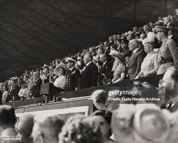 Royal party at opening ceremony of Olympic Games, London, 1948. His Majesty King George VI opened the proceedings with a speech which was followed by...