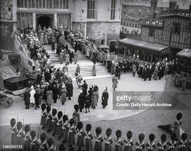 King George V's funeral, 28 January 1936. King George V's funeral. 'The funeral cortege of King George V at St George's chapel at Windsor Castle....