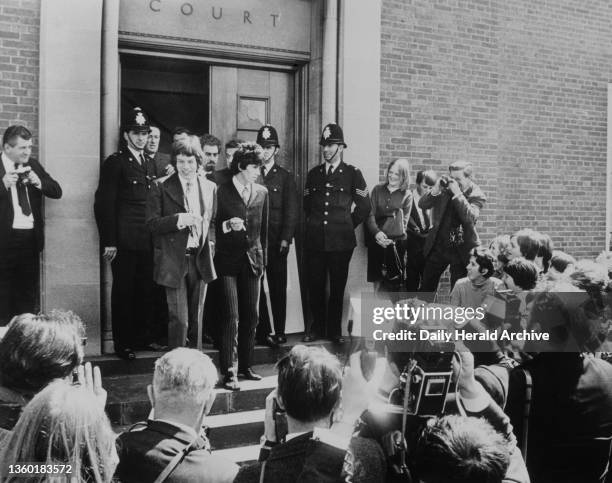 Mick Jagger and Keith Richards from The Rolling Stones photographed leaving Magistrates Court in Sussex, 10th May 1967. Mick Jagger and Keith...