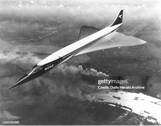 Concorde in flight over the River Thames, 1968. 'Photographic impression of Concorde, the Anglo-French supersonic airliner, appearing over the Thames...