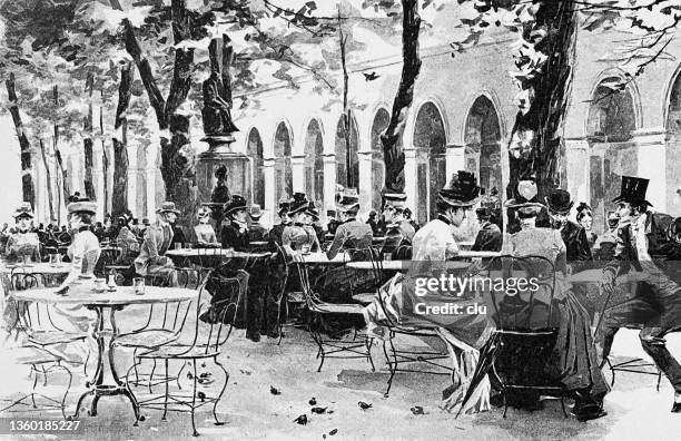 people sitting in a café in the munich hofgarten - hofgarten stock illustrations