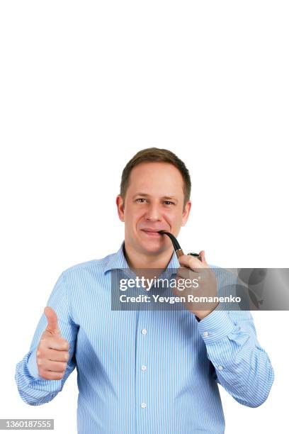 man with smoking pipe and gesturing thumbs up, isolated on white background - buisnessman studio clipping path stock-fotos und bilder
